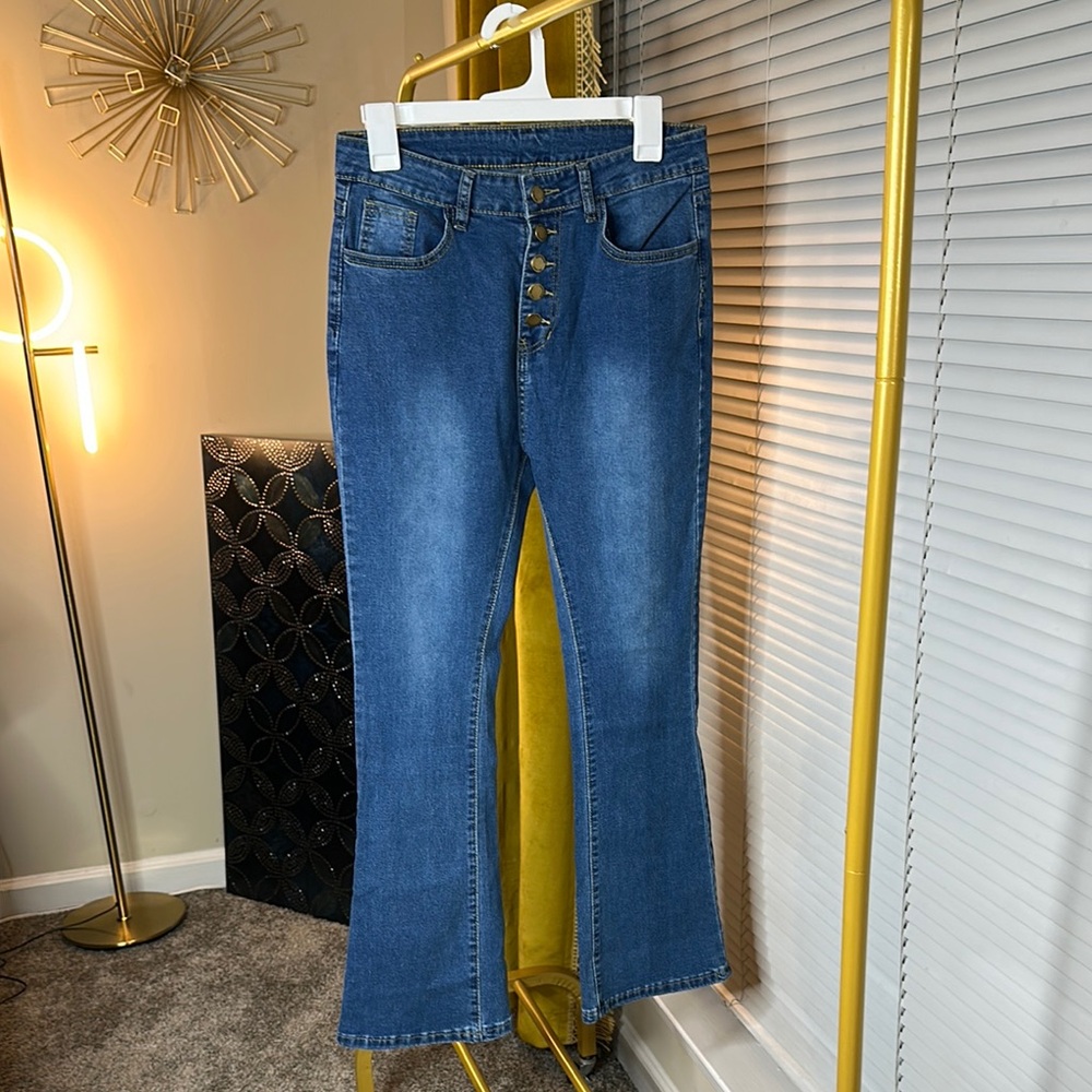 Blue Flare Wide Leg Jeans with Natural Fading